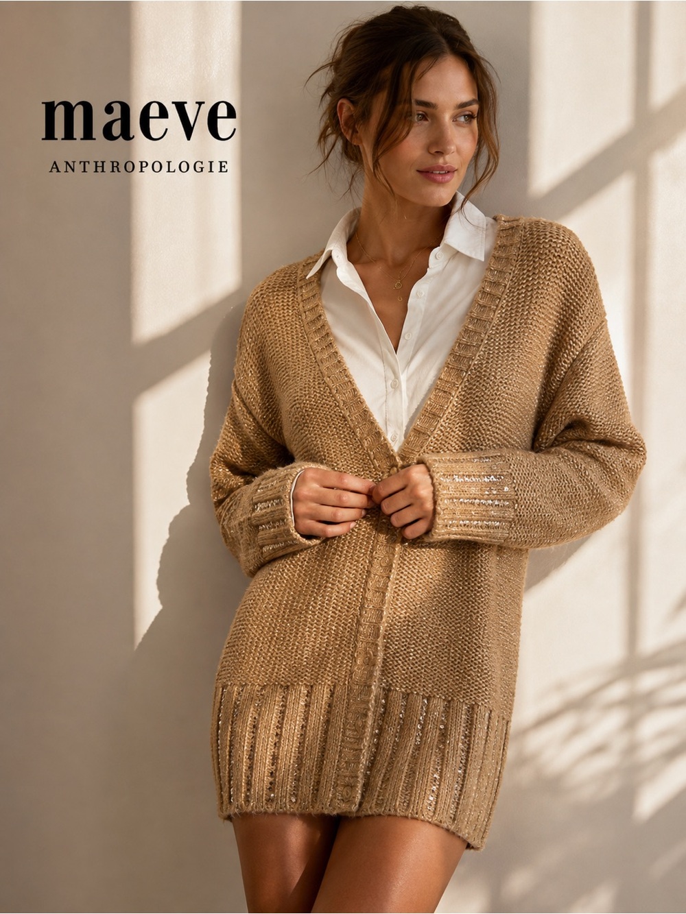 Maeve Layered Sparkle Cardigan Sweater Mini Dress Small Camel Wool Blend A7